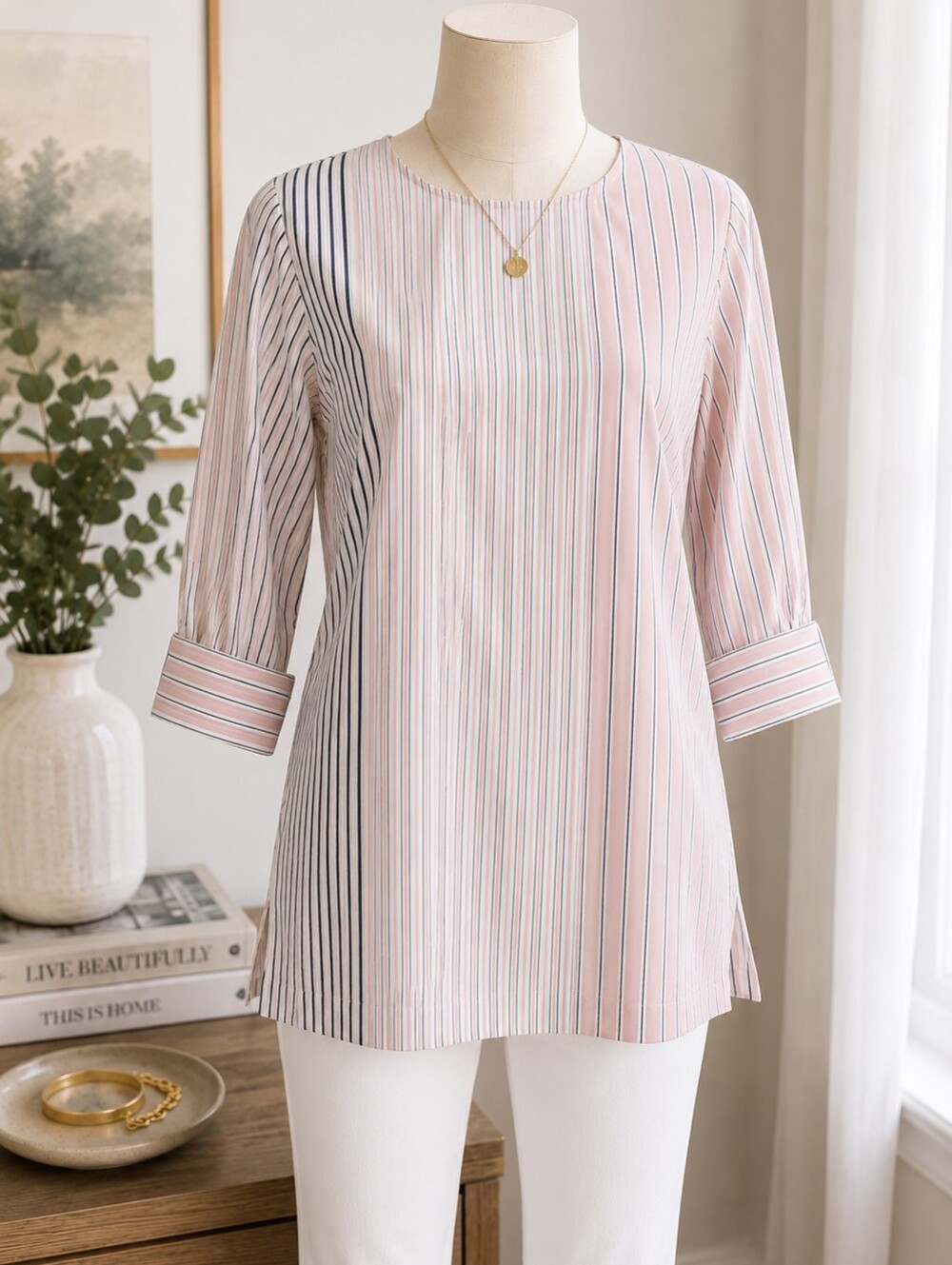 Liz Claiborne Studio Striped Tunic Blouse Pink White Grey 3/4 Sleeve Size S